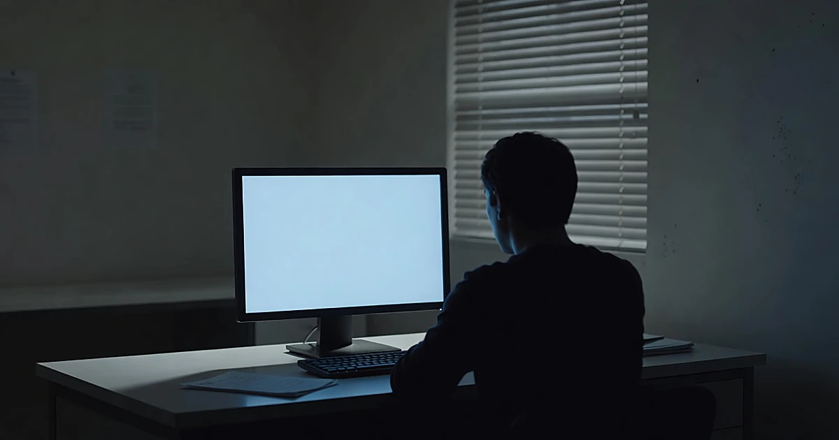 Silhouetted figure turned away from glowing computer monitor in darkened room