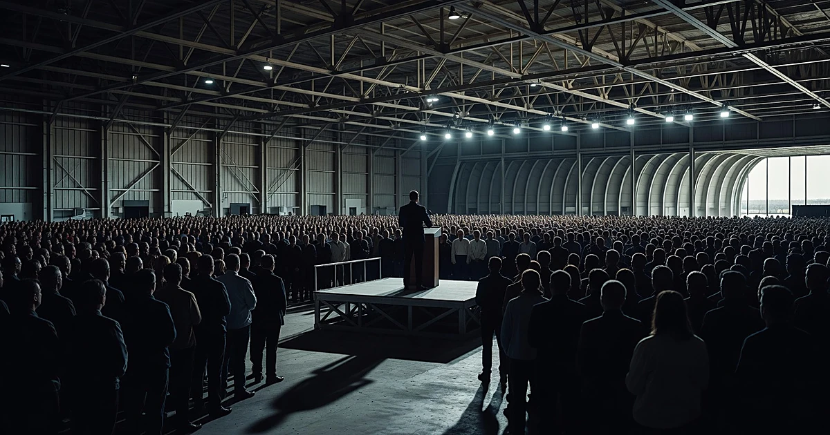 Silhouetted speaker on platform addressing crowd of silhouettes inside large airport hangar with industrial lighting