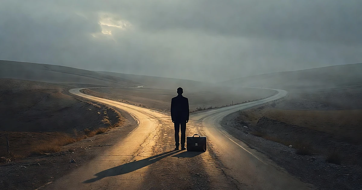 Silhouetted figure standing at a fork in the road between two diverging paths under an overcast sky