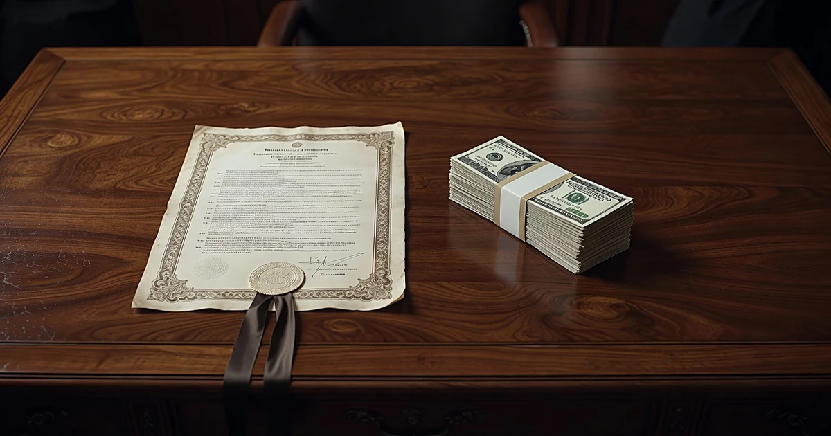Presidential pardon document with blank seal beside stack of cash on wooden desk, suggesting exchange of clemency for money
