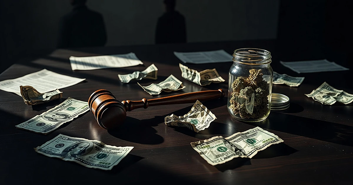 Gavel beside cash and cannabis jar on dark surface with dramatic shadows