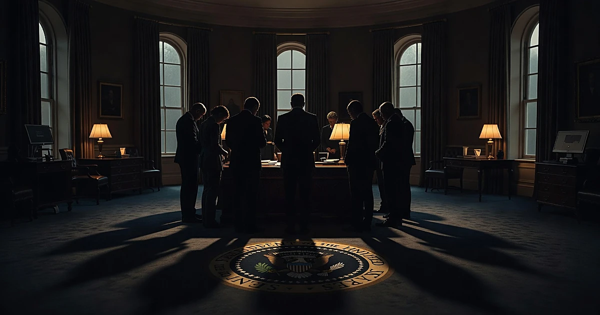 Silhouetted figures with bowed heads gathered in prayer formation inside an oval office with dramatic backlighting
