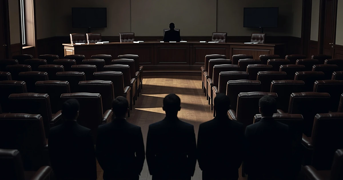 Silhouetted figures in committee room showing generational divide between lone seated figure and standing observers